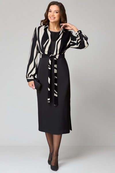 Черное платье из атласа с бусинами и брошью Мишель стиль 1230 черно-молочный - фото 1