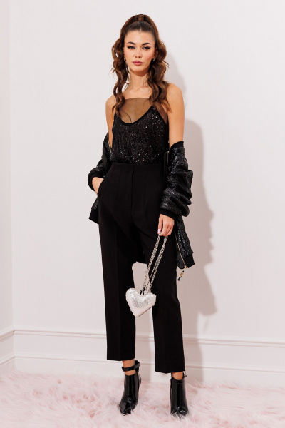 Черная блузка из трикотажа с пайетками и сеткой Butеr 2934 черный - фото 6