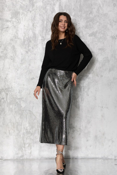 Пайеточная юбка миди а-силуэта для праздничных мероприятий MG Wear 3112 серебристая_пайетка - фото 1