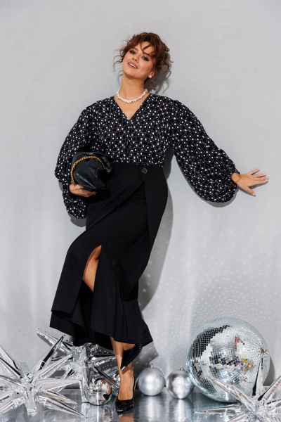 Стильный комплект из шерстяной блузы и юбки с разрезом Anastasia 1176 черный - фото 11