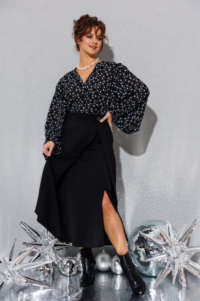 Стильный комплект из шерстяной блузы и юбки с разрезом Anastasia 1176 черный - фото 8
