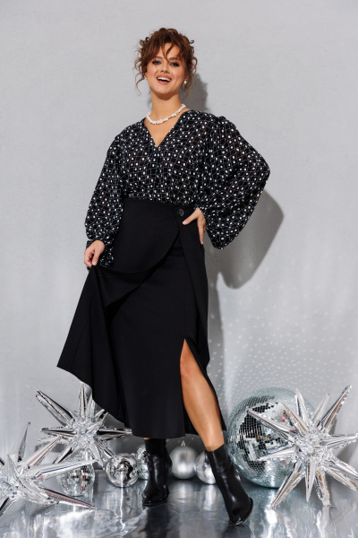 Стильный комплект из шерстяной блузы и юбки с разрезом Anastasia 1176 черный - фото 7