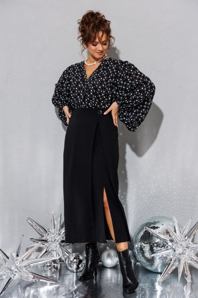 Стильный комплект из шерстяной блузы и юбки с разрезом Anastasia 1176 черный - фото 5