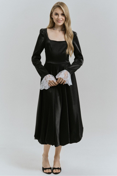 Платье нарядное приталенное из текстиля с кружевными рукавами JRSy 2520 - фото 1