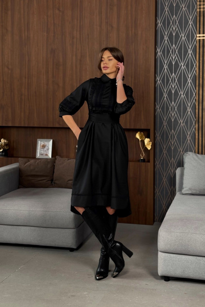 Платье черное с кружевом и оборками из бязи и шерсти Pavlova 179 - фото 6