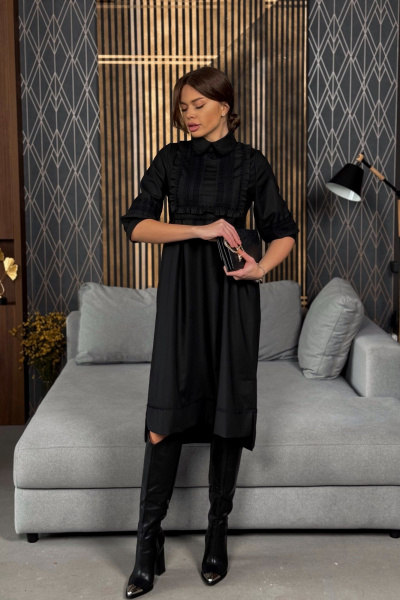 Платье черное с кружевом и оборками из бязи и шерсти Pavlova 179 - фото 3