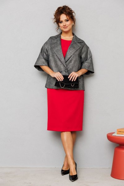 Нарядный комплект жакет и платье с пайетками и разрезом Mubliz 228 красный-серый - фото 12
