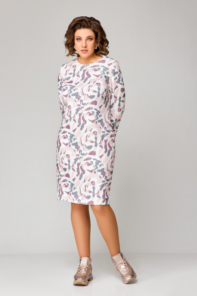 Платье полуприлегающее до колена из трикотажа с нагрудными вытачками Swallow 786.1 молочный/розово-серый_принт - фото 11