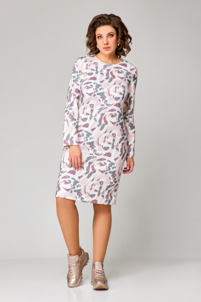 Платье полуприлегающее до колена из трикотажа с нагрудными вытачками Swallow 786.1 молочный/розово-серый_принт - фото 9