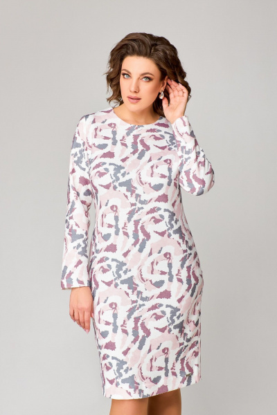 Платье полуприлегающее до колена из трикотажа с нагрудными вытачками Swallow 786.1 молочный/розово-серый_принт - фото 8