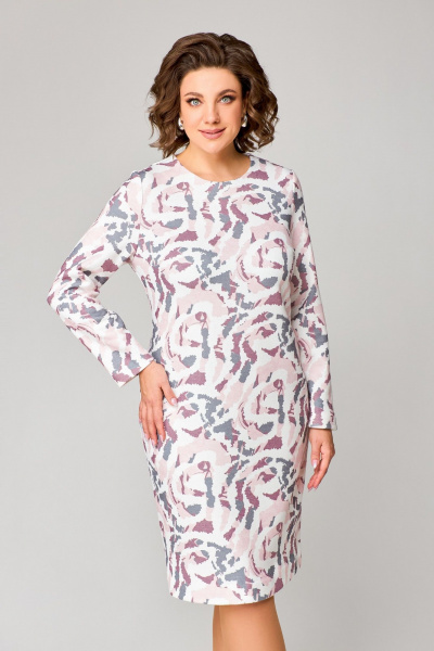Платье полуприлегающее до колена из трикотажа с нагрудными вытачками Swallow 786.1 молочный/розово-серый_принт - фото 7
