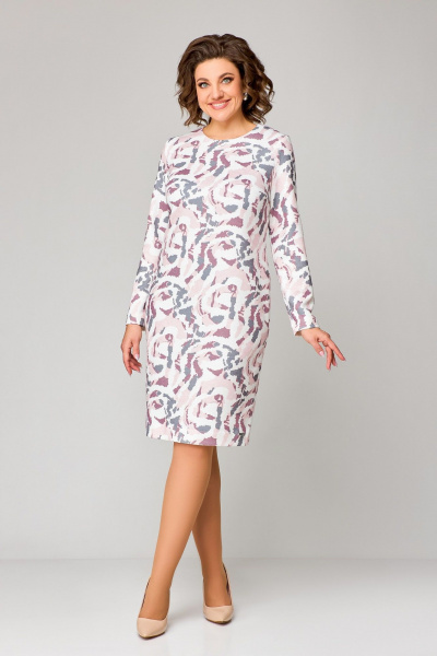 Платье полуприлегающее до колена из трикотажа с нагрудными вытачками Swallow 786.1 молочный/розово-серый_принт - фото 3