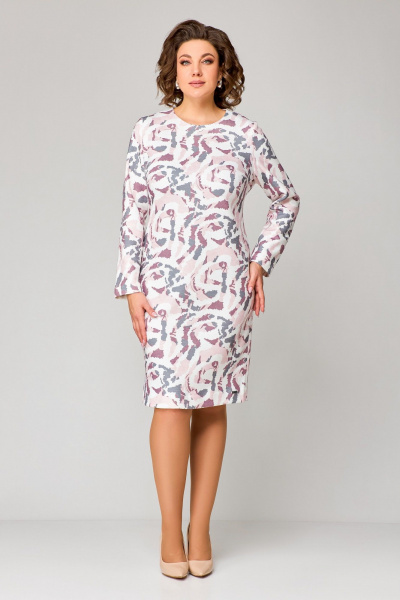 Платье полуприлегающее до колена из трикотажа с нагрудными вытачками Swallow 786.1 молочный/розово-серый_принт - фото 1