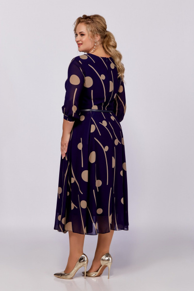 Синее платье-халат из шифона с ремнем и вырезом Swallow 790 синий/темно-бежевый_принт - фото 8