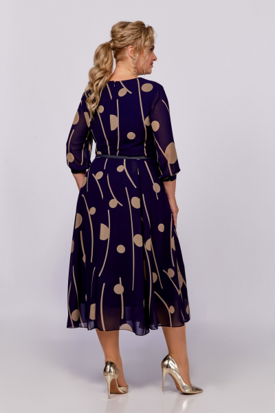 Синее платье-халат из шифона с ремнем и вырезом Swallow 790 синий/темно-бежевый_принт - фото 7
