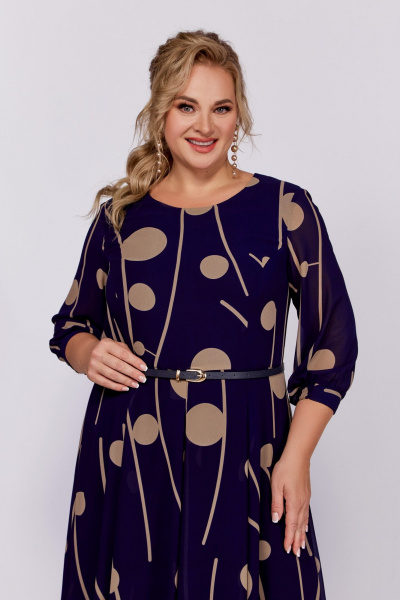Синее платье-халат из шифона с ремнем и вырезом Swallow 790 синий/темно-бежевый_принт - фото 5