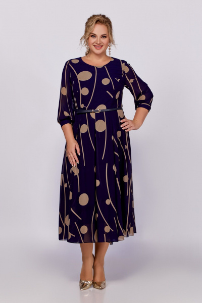 Синее платье-халат из шифона с ремнем и вырезом Swallow 790 синий/темно-бежевый_принт - фото 2