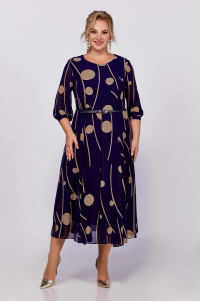 Синее платье-халат из шифона с ремнем и вырезом Swallow 790 синий/темно-бежевый_принт - фото 1