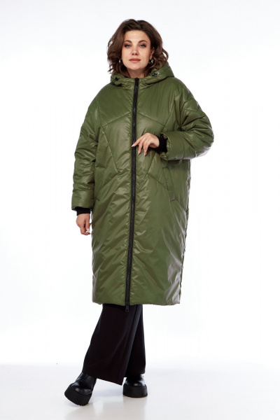 Пальто утепленное демисезонное на молнии с капюшоном Диомант 2024 олива - фото 2