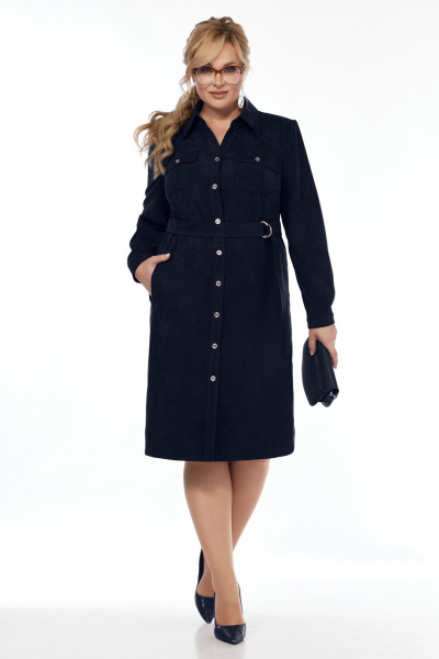 Платье сафари из вельвета и вискозы с кокетками и разрезами Tensi 386 темно-синий - фото 1