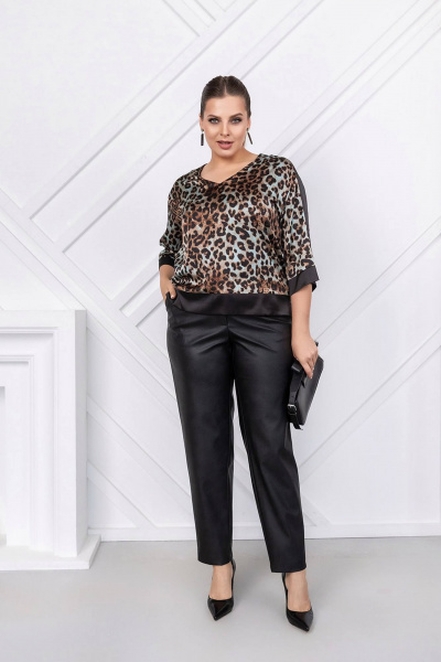 Блуза прямого силуэта с рукавом ¾ и V-образной воротникой ASV 2777 бирюзово-черный - фото 2