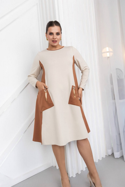 Платье трапеция с рельефами, длинный рукав ASV 2768 бежево-коричневый - фото 1