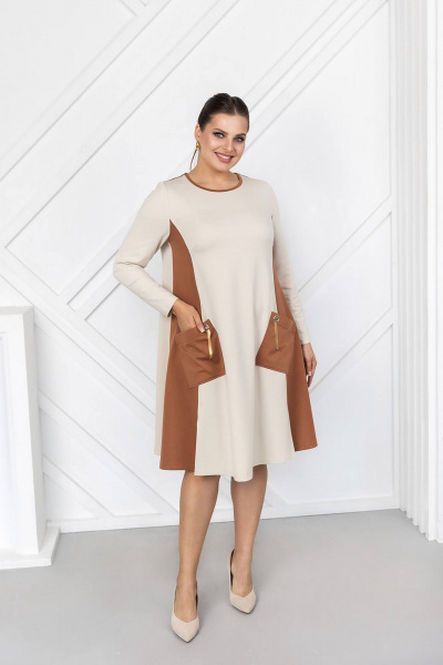 Платье трапеция с рельефами, длинный рукав ASV 2768 бежево-коричневый - фото 2