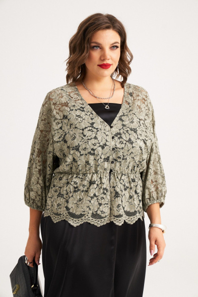 Комплект из блузы и платья из кружевного гипюра летний Almirastyle 345 черный_хакки - фото 7