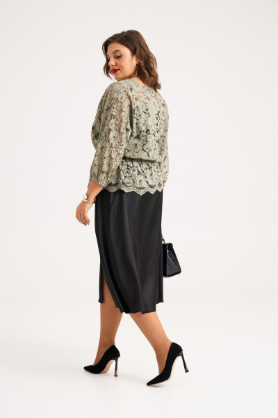 Комплект из блузы и платья из кружевного гипюра летний Almirastyle 345 черный_хакки - фото 5