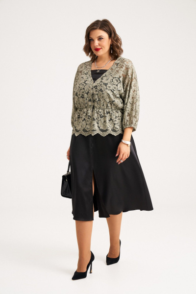 Комплект из блузы и платья из кружевного гипюра летний Almirastyle 345 черный_хакки - фото 3