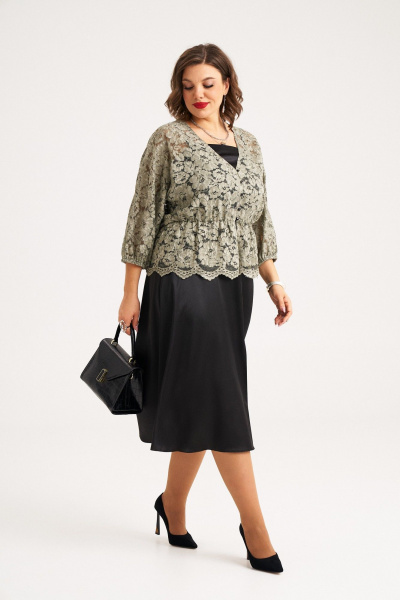 Комплект из блузы и платья из кружевного гипюра летний Almirastyle 345 черный_хакки - фото 1
