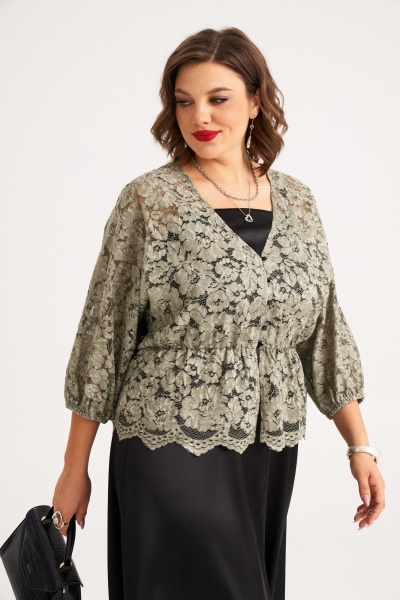 Комплект из блузы и платья из кружевного гипюра летний Almirastyle 345 черный_хакки - фото 2