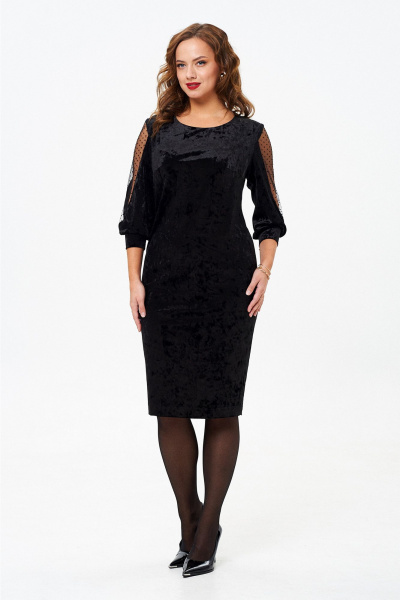 Платье из велюра с нагрудными выточками и рукавами ¾ нарядное Liona Style 921 черный - фото 4