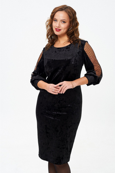 Платье из велюра с нагрудными выточками и рукавами ¾ нарядное Liona Style 921 черный - фото 3