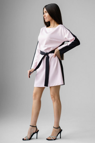 Платье приталенное с поясом двухцветное в повседневном стиле Ivera 1116 розовый - фото 4