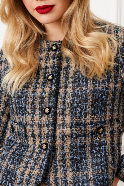 Демисезонный костюм юбочный из рогожки с жакетом и мини-юбкой Lokka 1548 синий/бежевый/черный/клетка - фото 6