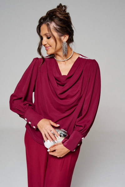 Нарядный костюм блузка и брюки из текстиля Beautiful&Free 6252 бордо - фото 5