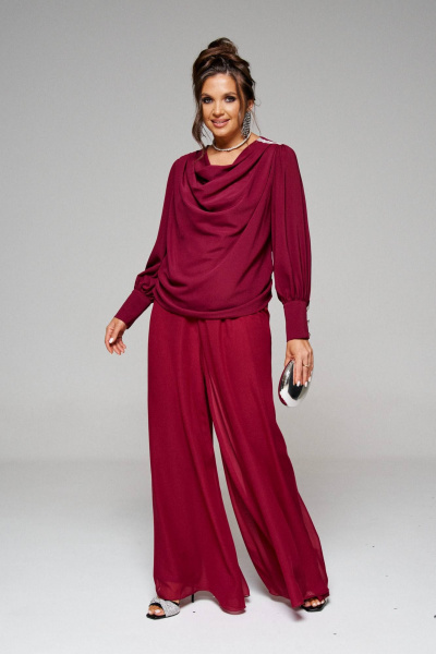 Нарядный костюм блузка и брюки из текстиля Beautiful&Free 6252 бордо - фото 1