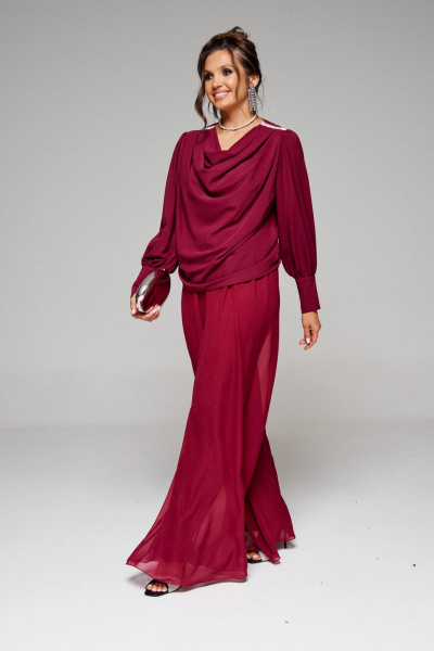 Нарядный костюм блузка и брюки из текстиля Beautiful&Free 6252 бордо - фото 2