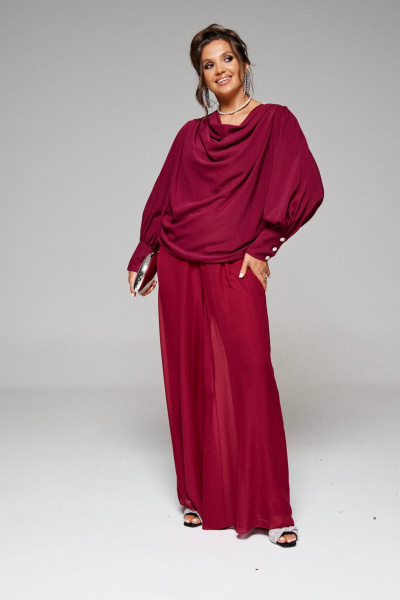 Нарядный костюм блузка и брюки из текстиля Beautiful&Free 6252 бордо - фото 4