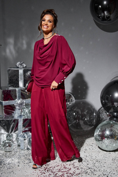 Нарядный костюм блузка и брюки из текстиля Beautiful&Free 6252 бордо - фото 10