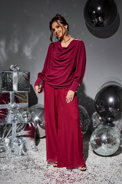 Нарядный костюм блузка и брюки из текстиля Beautiful&Free 6252 бордо - фото 9