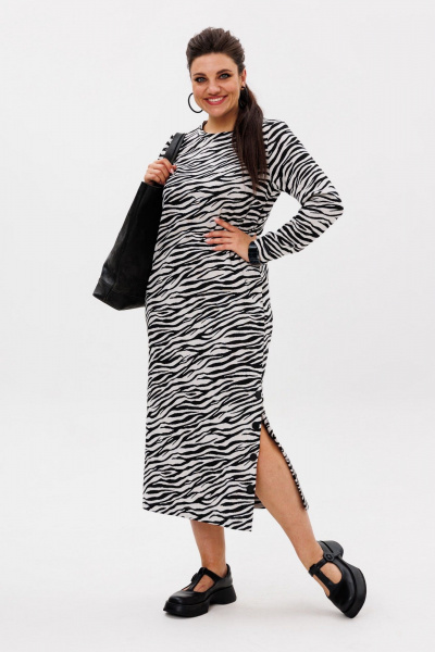 Элегантное трикотажное платье с боковой шлицей, с принтом, комфортное Anelli 1498 зебра_классик - фото 1