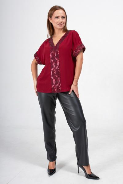Красная блузка из шифона с кружевом и пайетками Condra 16233 бордовый - фото 9