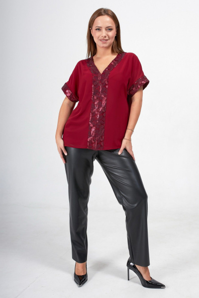 Красная блузка из шифона с кружевом и пайетками Condra 16233 бордовый - фото 8