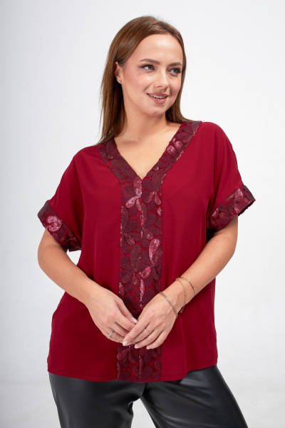 Красная блузка из шифона с кружевом и пайетками Condra 16233 бордовый - фото 5