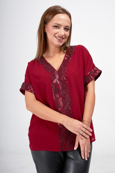 Красная блузка из шифона с кружевом и пайетками Condra 16233 бордовый - фото 4