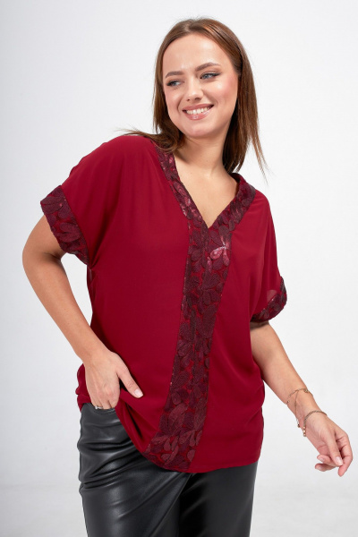 Красная блузка из шифона с кружевом и пайетками Condra 16233 бордовый - фото 2