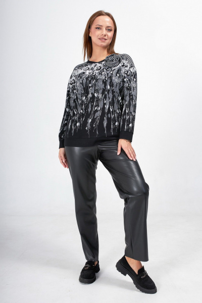 Черный джемпер с брошью и спущенным плечом Condra 16262 черный-серый - фото 9