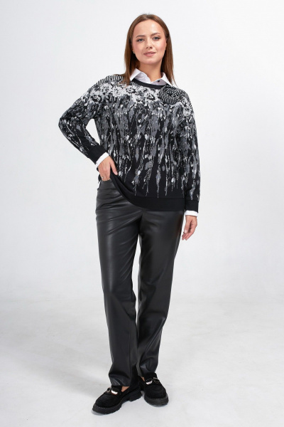 Черный джемпер с брошью и спущенным плечом Condra 16262 черный-серый - фото 6